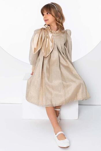 Riccotarz Girl's Shoulder Ribbon Detailed Ruffled Collar Ribbon Sequin Pleated Gold Dress