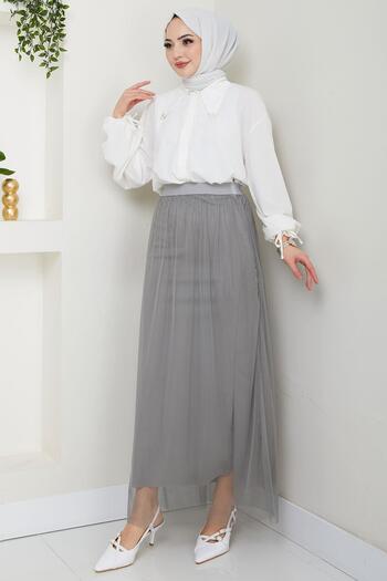 hafsamina Elastic Waist Tulle Skirt Gray Hm2704