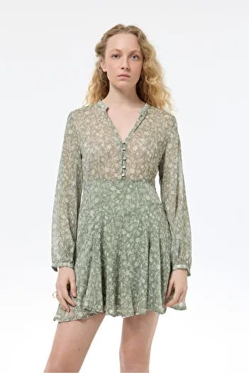 Quzu Mint Mint Mini Elçafeni Floral Patterned Shiffon Style Hardware