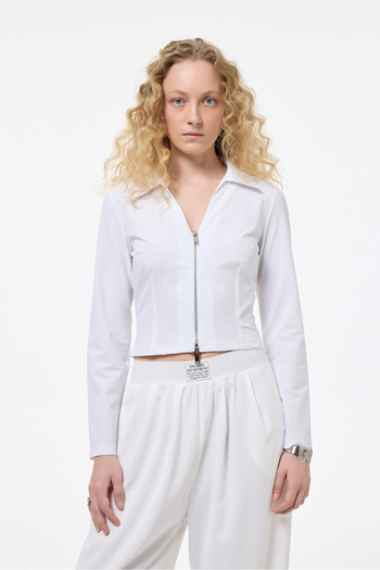 Quzu White V-Neck Zippered Low-Cut Blouse