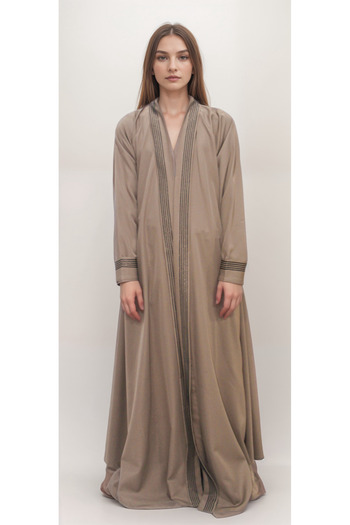 Generic Beige linen abaya with qitan on the collar and sleeves