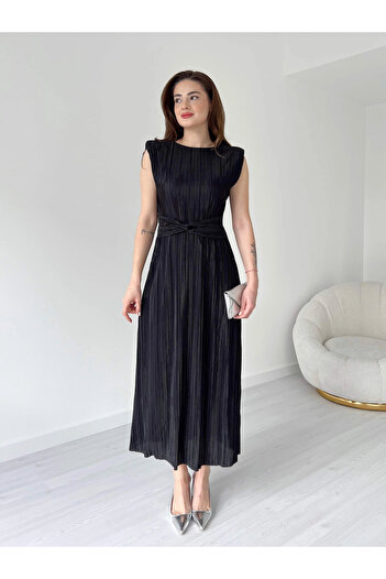 Lusin Women's Black Stylish Waist Detailed Padded Lined Summer Dress