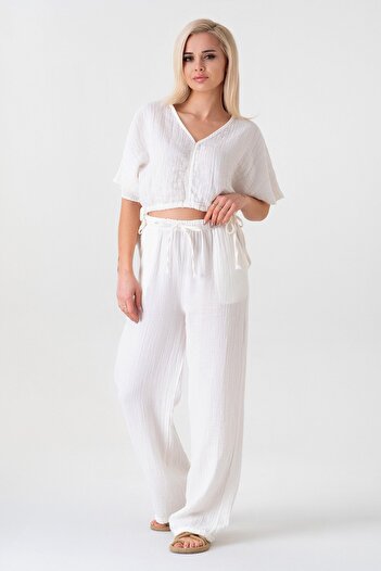 Fashion Showcase Muslin 100% Natural Cotton Elastic Waist Wide Leg Trousers - White