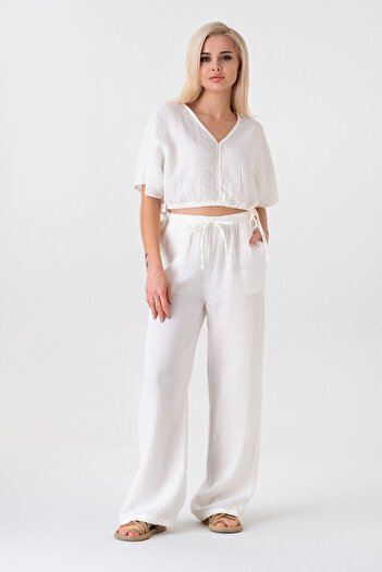 Fashion Showcase Muslin 100% Natural Cotton Elastic Waist Wide Leg Trousers - White
