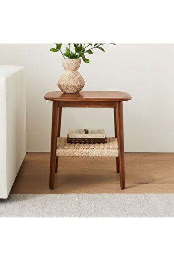 Generic Side Table 45x45x55cm - Classic-looking with Woven Shelf - Solid Acacia Wood Elegant Coffee Table
