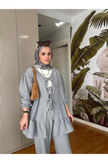 Aselim Hijap Moda Linen Cotton Frilly Kimona Set, Light Gray