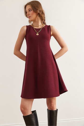 Olalook Women's Burgundy Crew Neck Flared Knitted Crepe Dress Elb- 19002347
