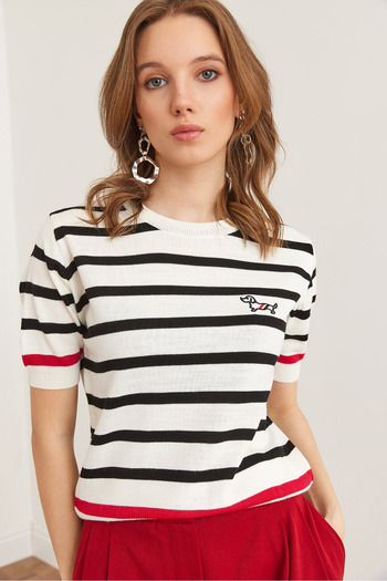 Olalook Women's White Dog Embroidery Striped Knitwear Blouse
