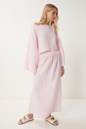 Happiness İstanbul Women's Pink Muslin Blouse Skirt Set Rv00206