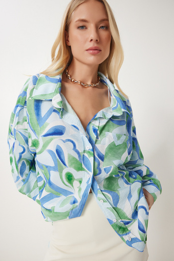 Happiness İstanbul Women's Sky Blue Green Patterned Flowy Textured Shirt Cr00470