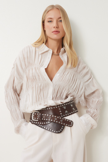 Happiness İstanbul Women's Cream Gathered Draped Woven Shirt Dp00234
