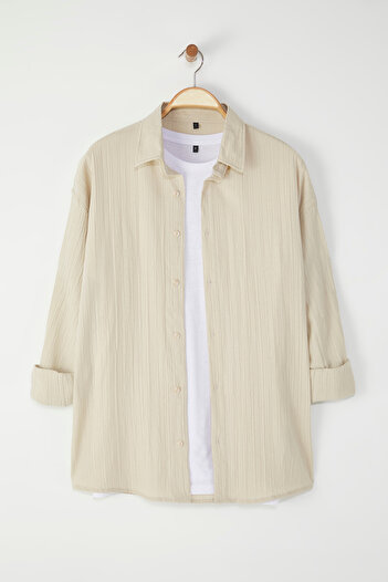 Trendyol Collection Beige Regular Fit Textured Jacquard Flowing Shirt Tmnss25Go00070