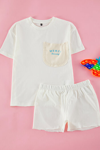 TRENDYOLKIDS Girl Ecru Cotton T-Shirt-Shorts Set Tkdss25Au00118