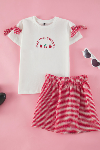 TRENDYOLKIDS Ecru Girl Cotton Gingham T-Shirt-Skirt Woven Bottom-Top Set Tkdss25Au00122