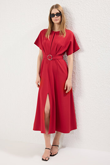 Trendyol Collection Red Belted Skirt Waist Opening Dress Twoss25El00804