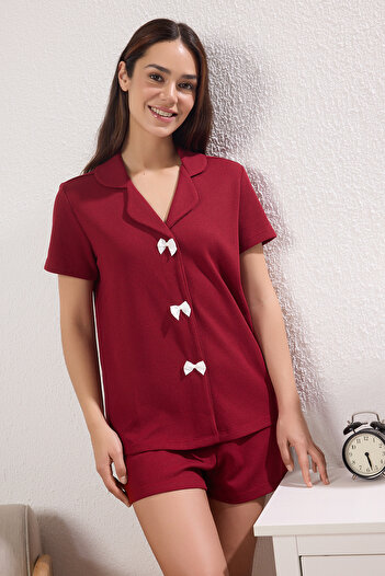 Trendyol Collection Burgundy Ribbon/Bow Detail Waffle Fabric Shorts Knitted Pajamas Set Thmss25Pt00014