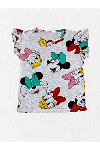 Fil Kids Girl's 100% Cotton Gray Duffy Duck Pattern Short Sleeve Ruffle Shorts Summer Pajamas Set