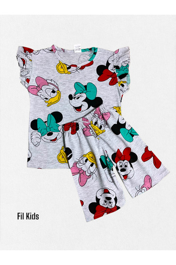 Fil Kids Girl's 100% Cotton Gray Duffy Duck Pattern Short Sleeve Ruffle Shorts Summer Pajamas Set