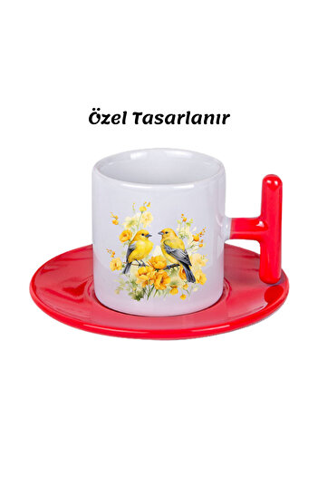 Özel Tasarım Kuş Temalı Porselen T Kulp Türk Kahvesi Fincanı