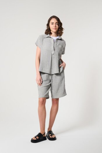 ZYRAH Gray Color Striped 100% Cotton Trapezoidal Cut Women's Short Sleeve Blouse