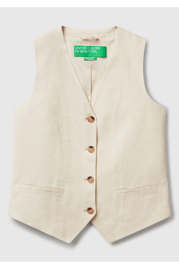 United Colors of Benetton Women's Stone Color 100% Linen Front Button Buttonhole V-Neck Vest