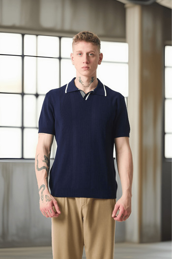 Valiberta Ανδρικό T-Shirt με ριγέ βισκόζη με γιακά πόλο - Navy Blue