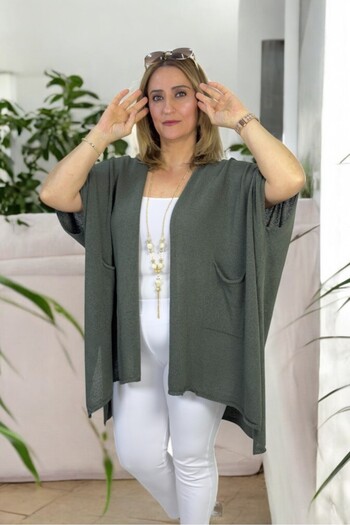 yagmurberen Short Sleeve Asymmetric Cut Slit Pocket Shawl Collar Large Size Italian Mercerized Cardigan