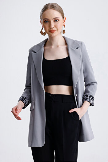 MD trend Women's Leopard Detailed Buttoned Lined Padded Blazer Jacket