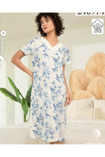 shefox Women's Single Jersey 100% Cotton V-Neck Short Sleeve Nightgown Byaydogan