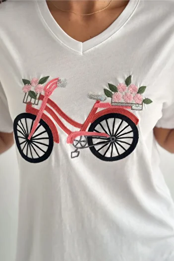 FEMELLE Women's White V-Neck Large Size Bicycle Embroidered Sequin Sequin Embroidered 100% Cotton T-Shirt