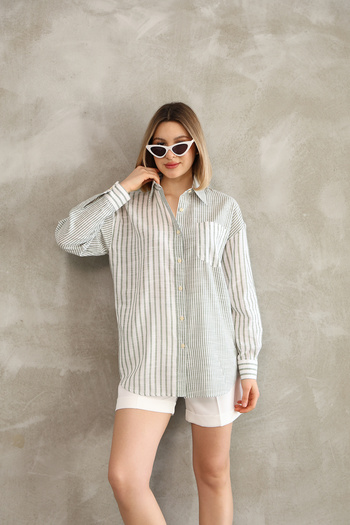Butik Oversize Long Sleeve Khaki Striped Cotton Linen Women's Shirt