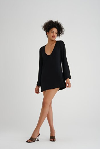 Store %100 Pamuk V Yaka Uzun Kollu Mini Elbise