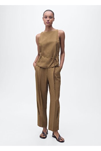 MANGO Woman Linen Blended Blouse with Tie Detail