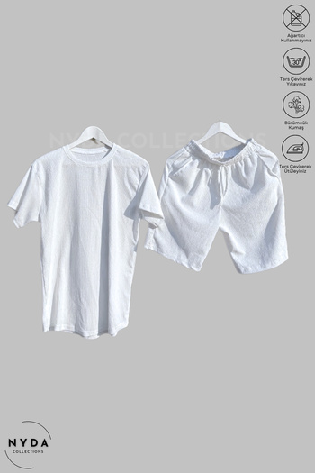 Nyda Collections Bürümcük Suit Lycra Crinkle Fabric Summer Lycra Crew Neck Short Sleeve T-Shirt White Shorts Suit