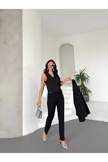 MYGİYİMİSTANBUL Jacket Vest Slim Leg Pants Waist Elastic Detail 3 Piece Suit