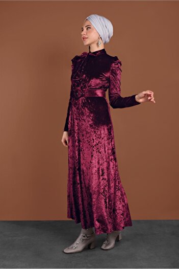 Alvina Lace-Up Collar Velvet Dress 40380