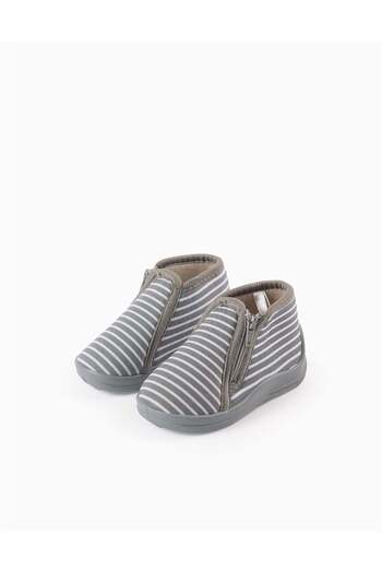 Ziddy Striped Slippers with Zip for Baby Boys, Grey