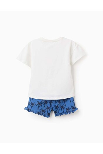 Ziddy Cotton T-shirt + Shorts for Girls 'Palm Trees', White/Blue