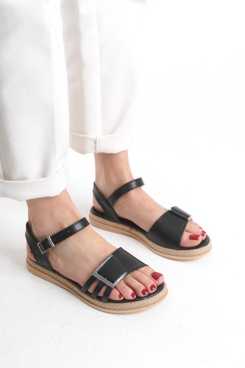 Limeo Straw Striped Silver Buckle Comfortable Low Flat Sole Summer Women's Black Sandals Slippers