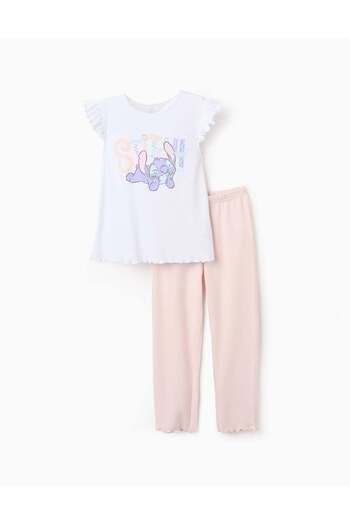 Ziddy Pyjama in Interlock Cotton for Girls 'Stitch', White/Pink