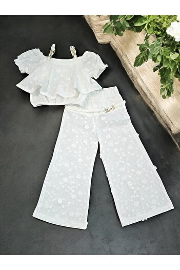 SeaBubbles Linen Girl's Suit with Flared Trousers