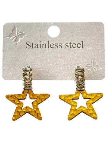 Vitastyle Two Color Star Figured Stone Detailed Steel Earrings (Pair)