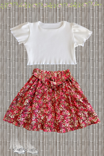 MODA59 Ribbed Ecru Color Modal Cotton Crop and Viscose Floral Skirt Set