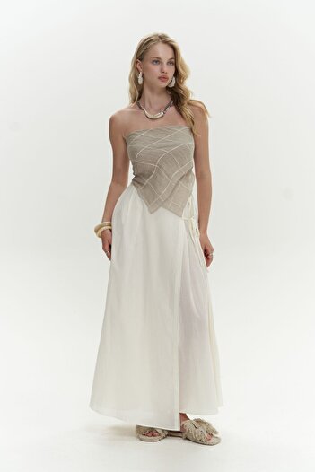 BOHEMAİ Aida Rope Detail Pleated Ecru Skirt