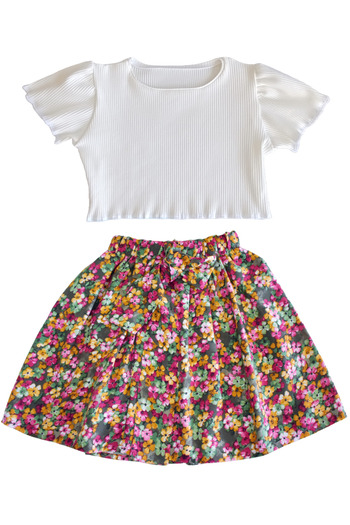 MODA59 Ecru Color Modal Cotton Skirted Crop Suit Floral Viscose