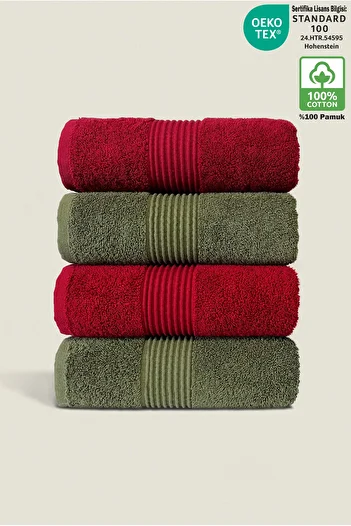 Ellaline 4-Piece Hand Face Towel Set 100% Cotton Certified Bathroom |   Kitchen |   Dowry Box 50X90Cm Claret Red - Dark Green