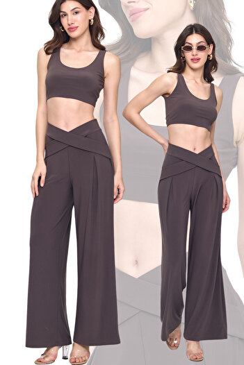 Laranor Brown Waist Detail Design Wide Leg Trousers Day - Night Chic 25L8006