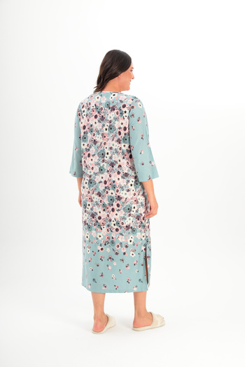 MAMAYAGA Women's Double Breasted Neckline Relaxed Fit Three Quarter Sleeve Patterned Viscose Casual Midi Plus Size Dress Nightgown