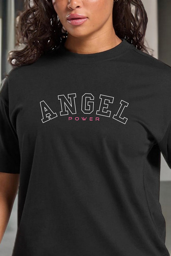 BESSA Women's Angel Printed Black Oversize Crew Neck Cotton Athlete T-Shirt