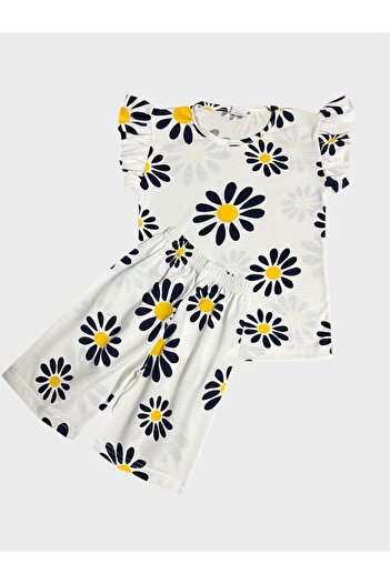 ALİŞ KİDS Set de pijamale de vară pentru fete, din bumbac, alb, bleumarin, cu modele florale, cu mâneci scurte, cu pantaloni scurți
